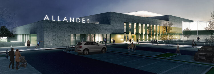Allander Leisure Centre exterior at night, where flex7 lighting connection products have been installed.
