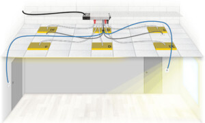 Schematic for a room with 6 luminaires programmed for absence control with daylight linking to all luminaires.