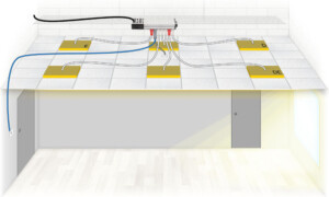 Schematic of a room with 6 luminaires wired for absence control with daylight linking to window luminaires.