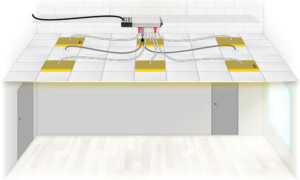 A schematic of a room with 9 luminaires, to show how it is wired using flex7 lighting connection and control products.