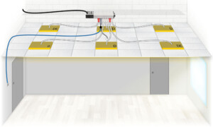 A diagram to show wiring in a room with a scene set plate to set/recall scenes and a sensor head to enable absence control.